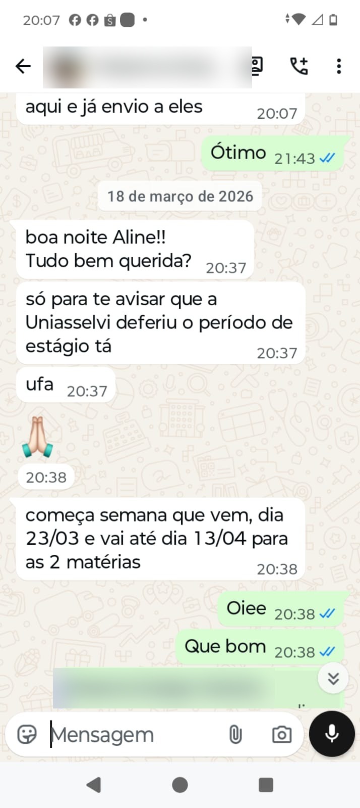 Conversa de WhatsApp: aluna aprovada no estágio